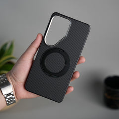 Galaxy S26 Ultra Carbon Textured Metal Camera Ring and Rotating Kick Stand Case