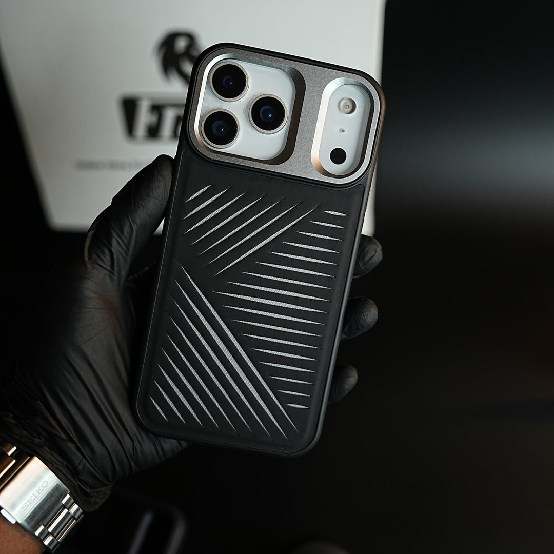 iPhone 17 Series Premium PU Leather Cut Pattern MagSafe Case with Metal Camera Frame