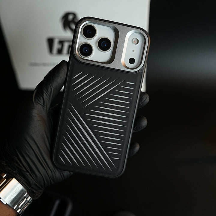iPhone 17 Series Premium PU Leather Cut Pattern MagSafe Case with Metal Camera Frame