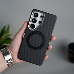 Galaxy S26 Ultra Carbon Textured Metal Camera Ring and Rotating Kick Stand Case