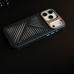 iPhone 17 Series Premium PU Leather Cut Pattern MagSafe Case with Metal Camera Frame