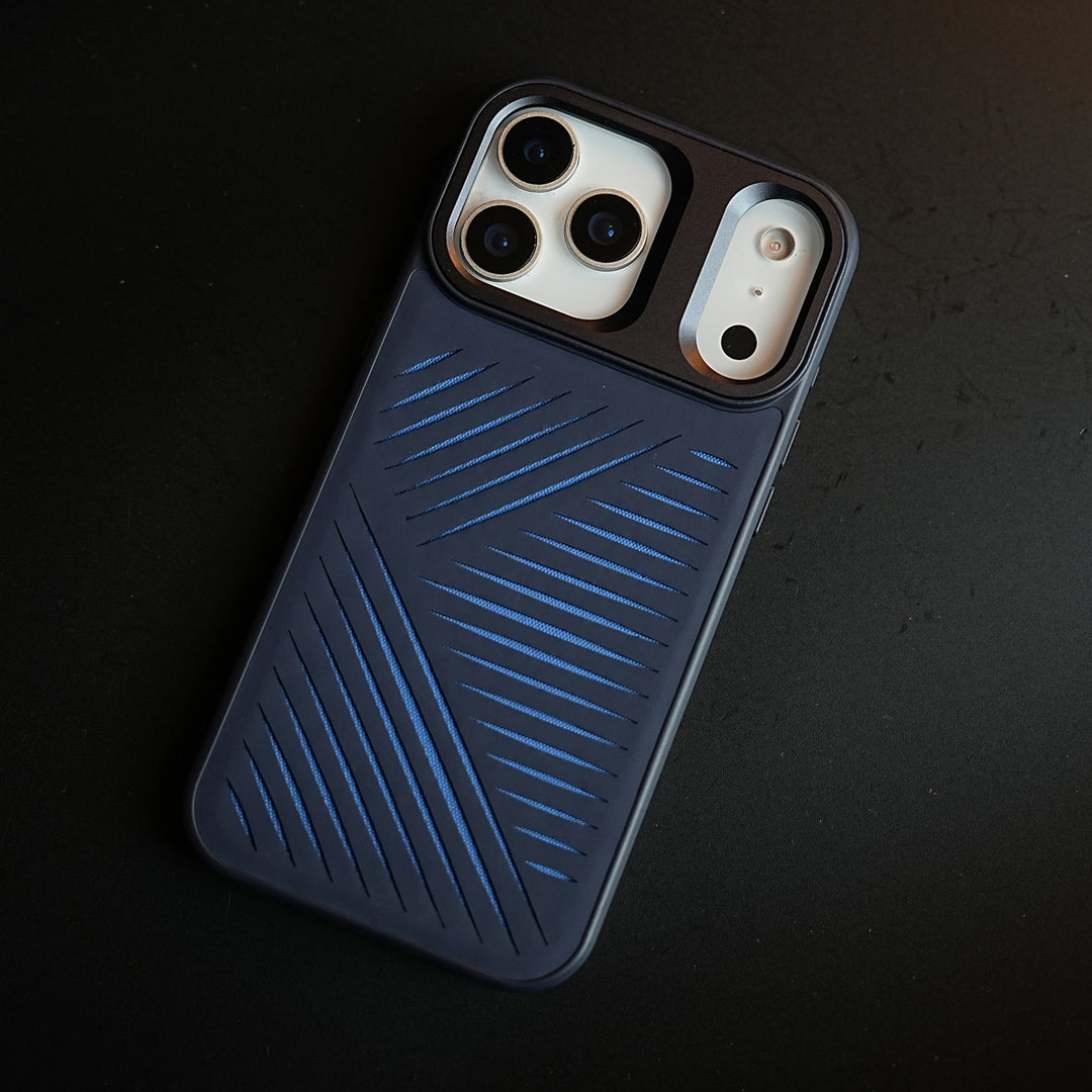 iPhone 17 Series Premium PU Leather Cut Pattern MagSafe Case with Metal Camera Frame