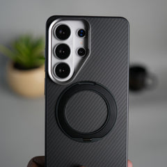 Galaxy S26 Ultra Carbon Textured Metal Camera Ring and Rotating Kick Stand Case