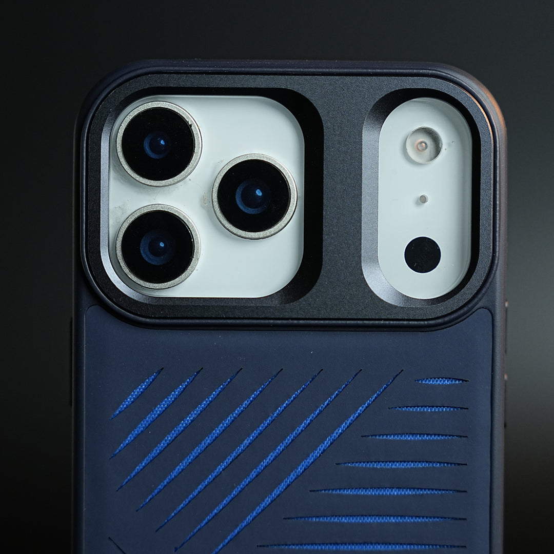 iPhone 17 Series Premium PU Leather Cut Pattern MagSafe Case with Metal Camera Frame