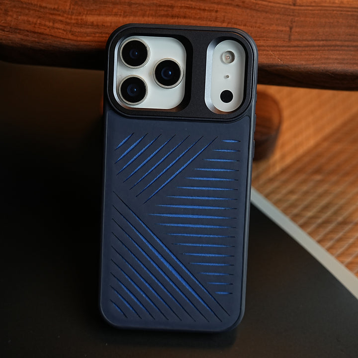 iPhone 17 Series Premium PU Leather Cut Pattern MagSafe Case with Metal Camera Frame