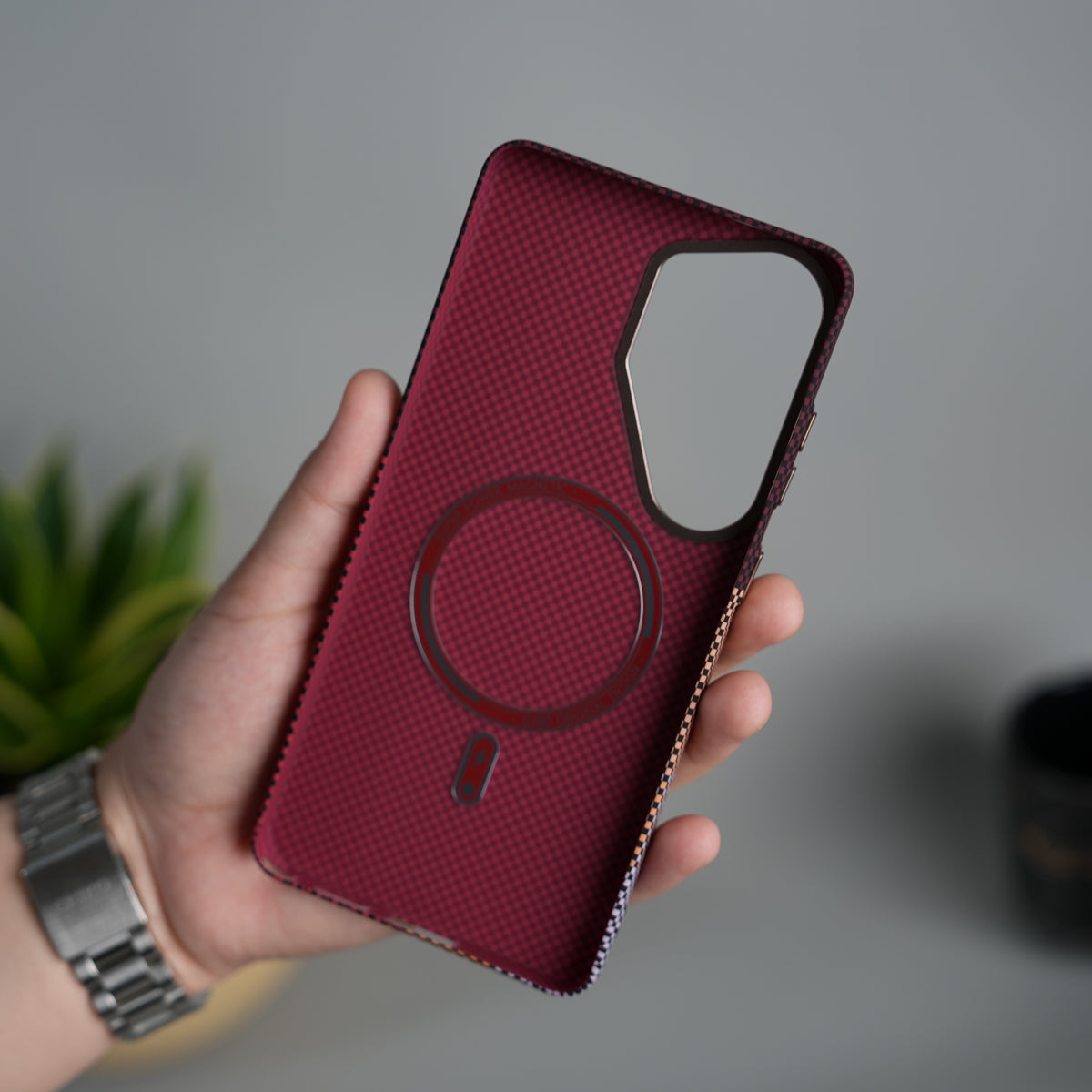 Galaxy S26 Ultra Carbon Fiber Texture Design Hard Pc MagSafe Case Cover MaroonTop Design