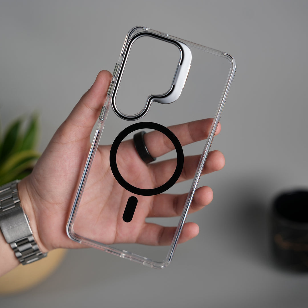 Galaxy S26 Ultra Transparent MagSafe Cover With Metal Camera Bump Kick Stand