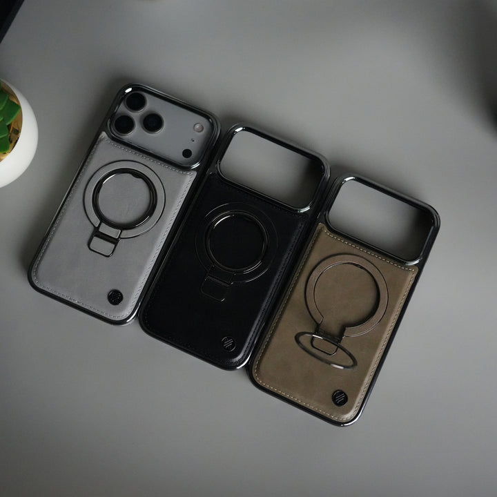 iPhone 17 Pro Max PU Leather Chrome Side Case With Ring Metal Stand
