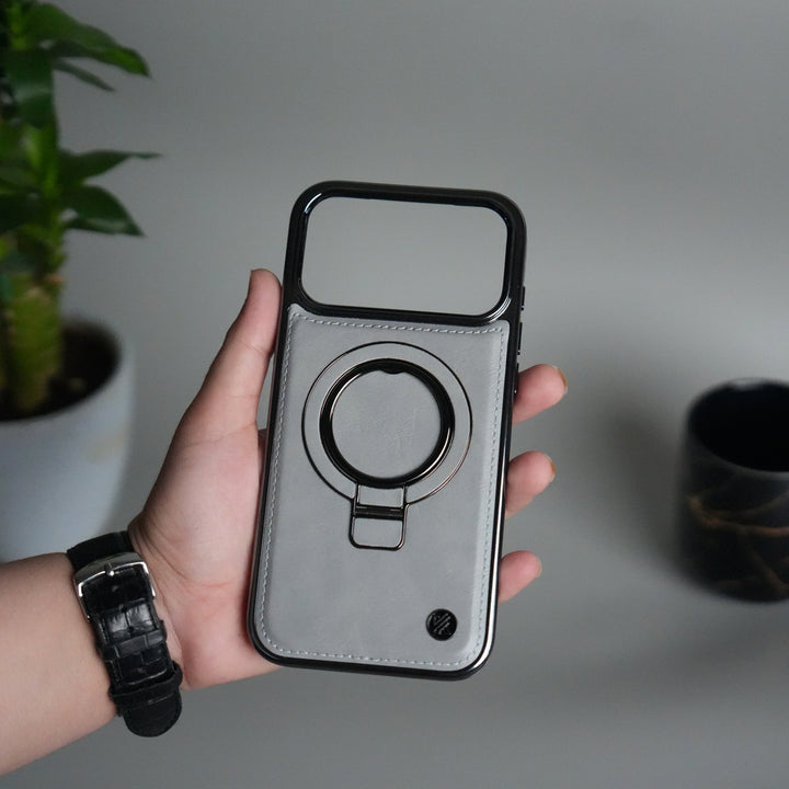 iPhone 17 Pro Max PU Leather Chrome Side Case With Ring Metal Stand