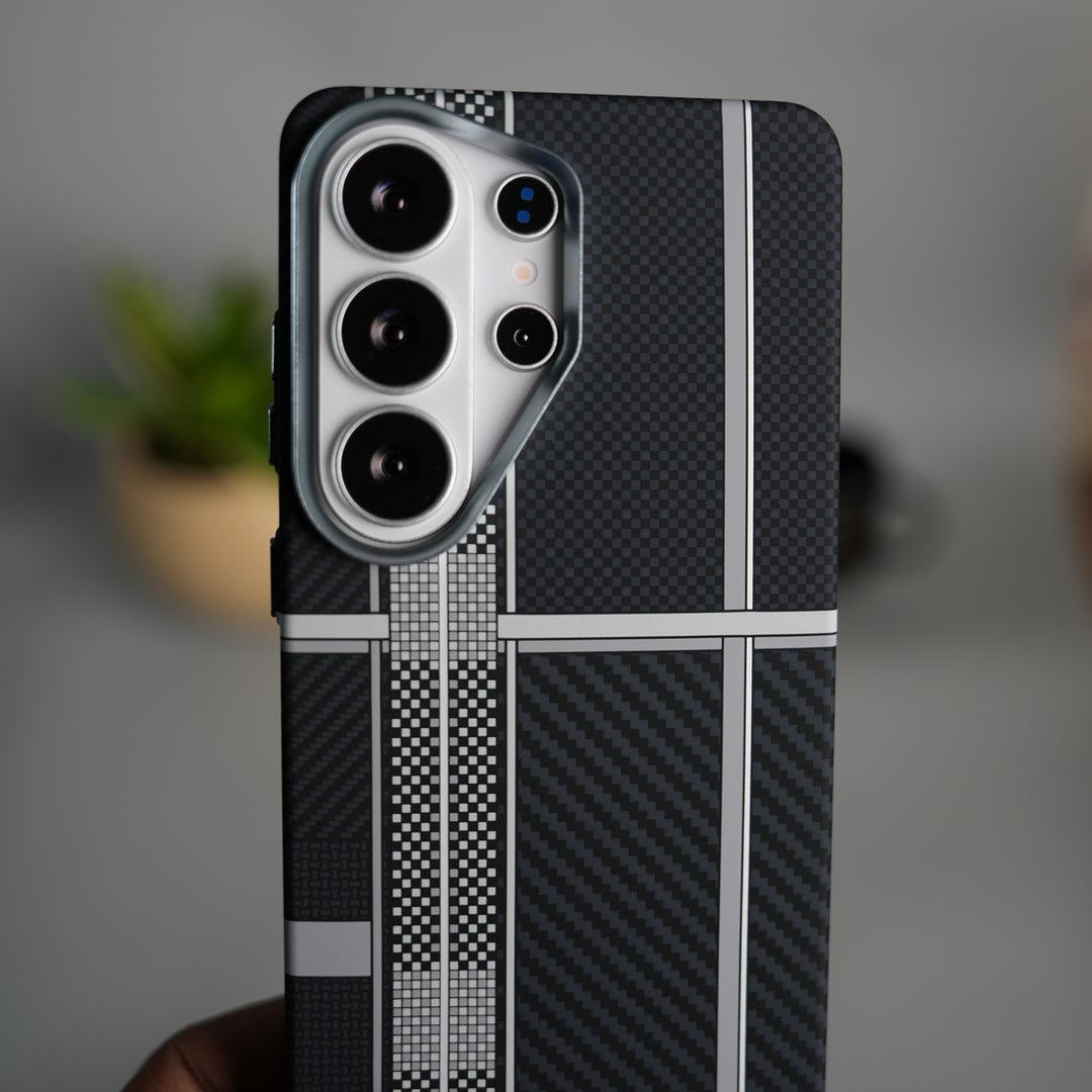 Galaxy S26 Ultra Carbon Fiber Texture Design Hard Pc MagSafe Case Cover (Silver Mix Line)