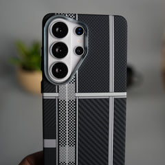 Galaxy S26 Ultra Carbon Fiber Texture Design Hard Pc MagSafe Case Cover (Silver Mix Line)