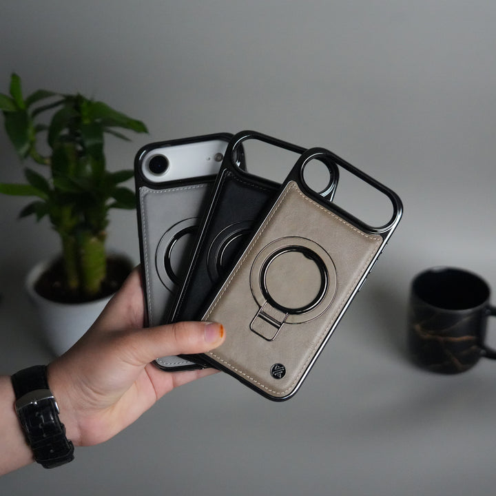 iPhone 17 PU Leather Chrome Side Case With Ring Metal Stand