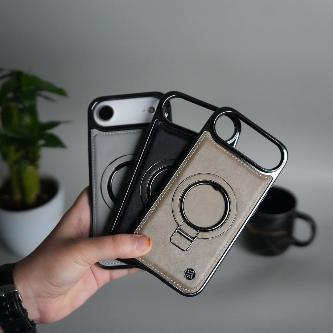 iPhone 17 PU Leather Chrome Side Case With Ring Metal Stand