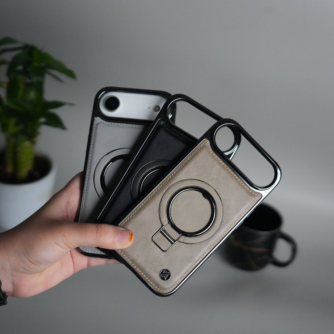 iPhone 17 PU Leather Chrome Side Case With Ring Metal Stand