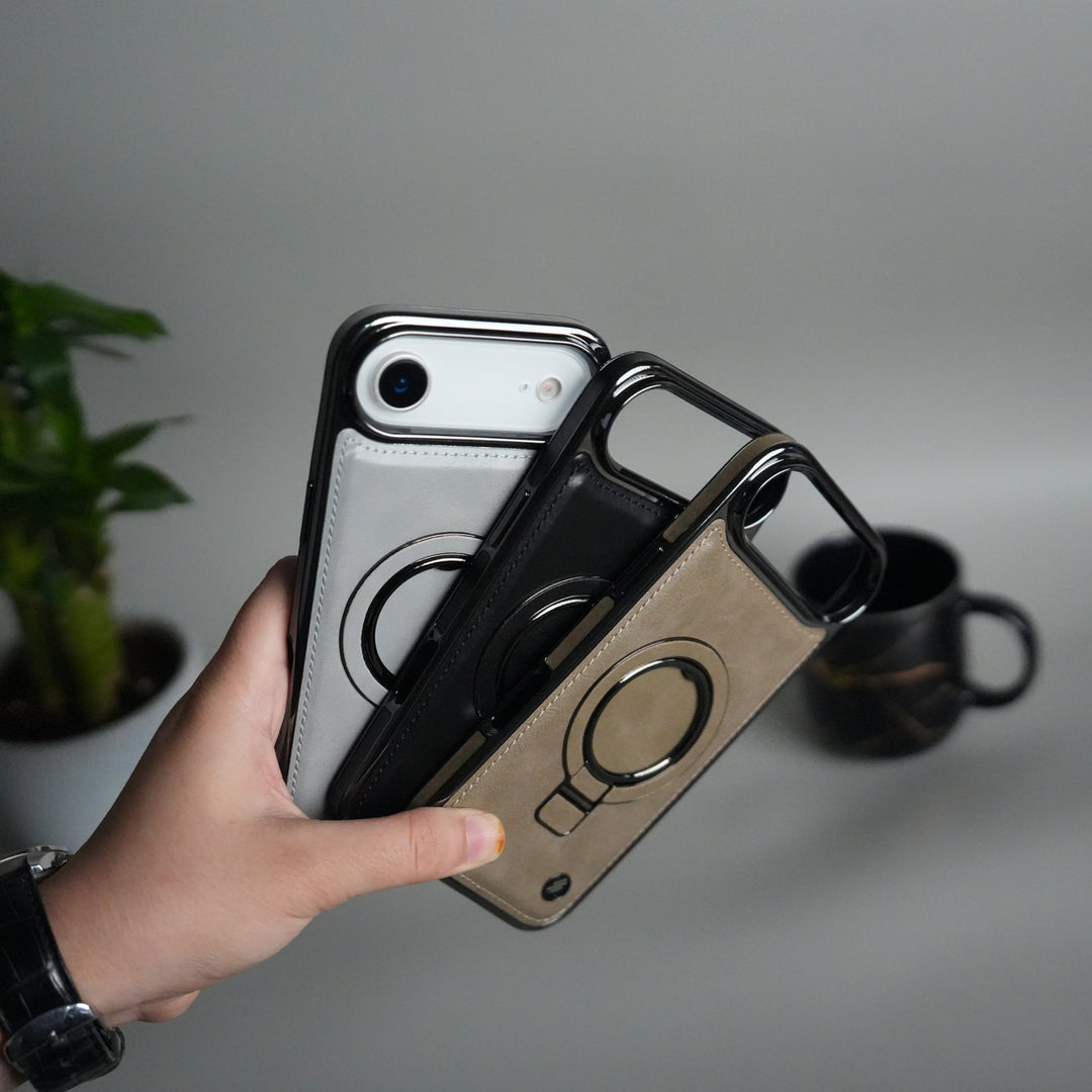 iPhone 17 PU Leather Chrome Side Case With Ring Metal Stand