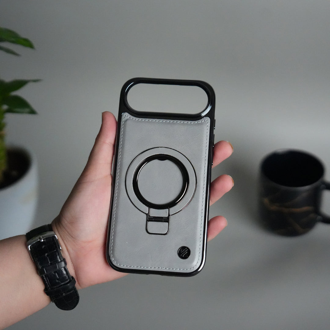 iPhone 17 PU Leather Chrome Side Case With Ring Metal Stand
