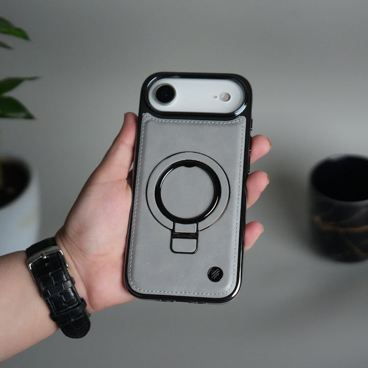 iPhone 17 PU Leather Chrome Side Case With Ring Metal Stand