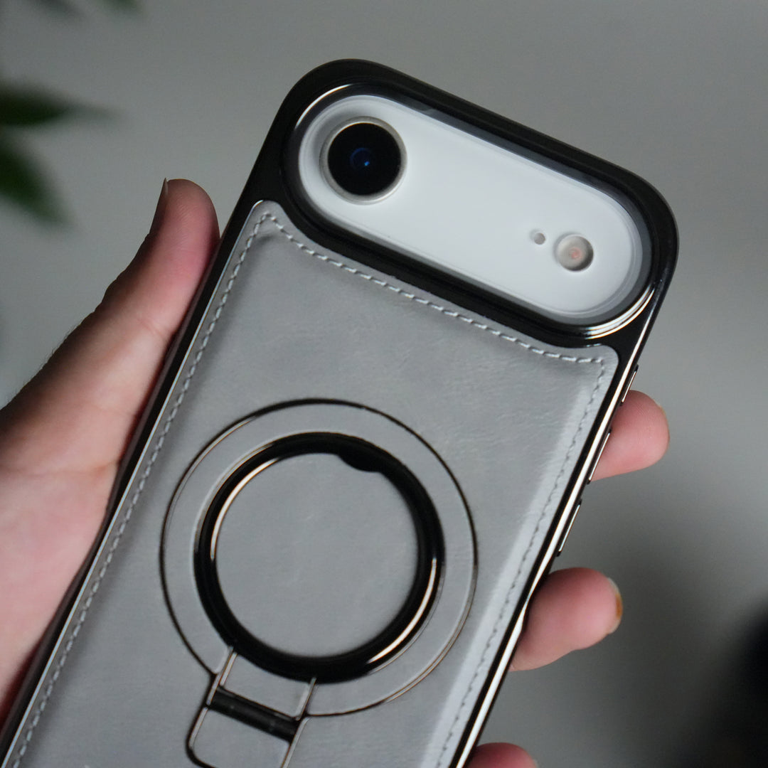 iPhone 17 PU Leather Chrome Side Case With Ring Metal Stand