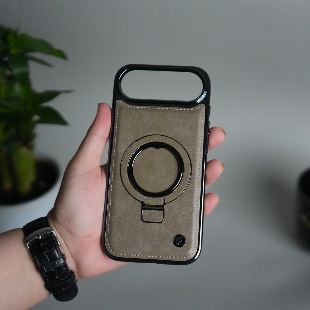 iPhone 17 PU Leather Chrome Side Case With Ring Metal Stand