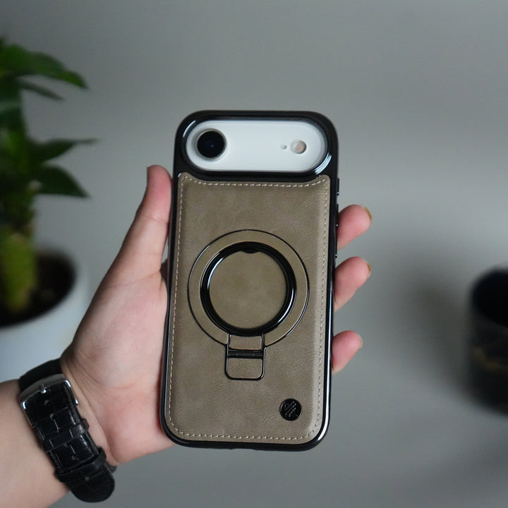 iPhone 17 PU Leather Chrome Side Case With Ring Metal Stand