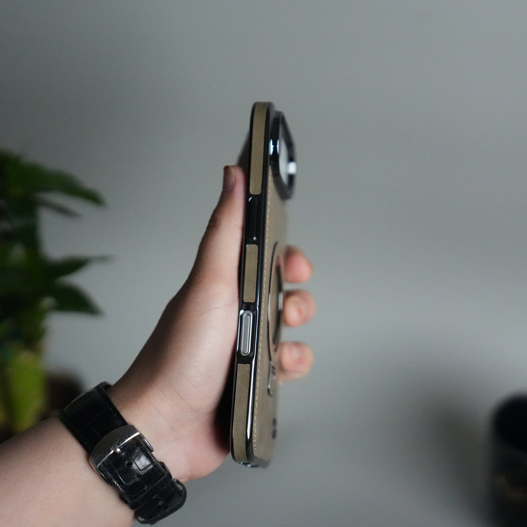 iPhone 17 PU Leather Chrome Side Case With Ring Metal Stand