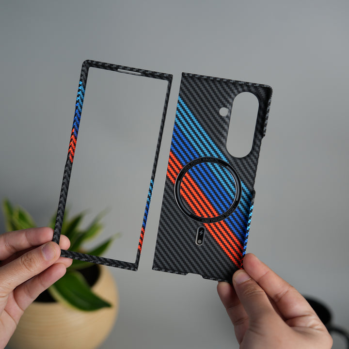 Galaxy Z Fold 7 Carbon Fiber Texture Design Hard Pc MagSafe Case Cover (Blue Orange Line)