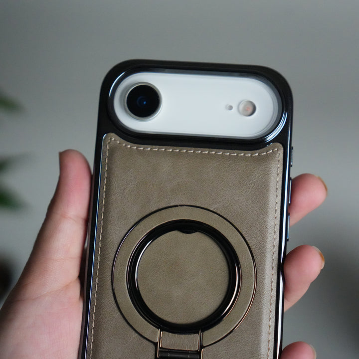 iPhone 17 PU Leather Chrome Side Case With Ring Metal Stand
