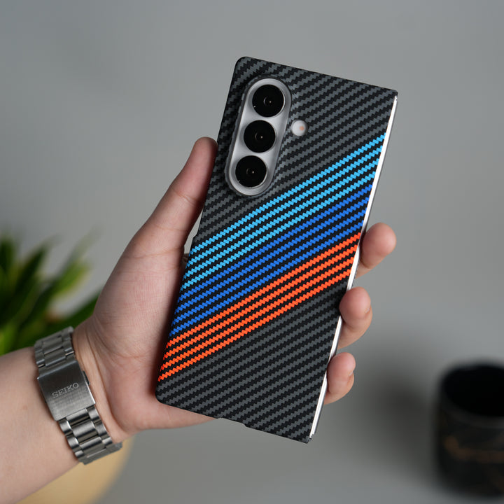 Galaxy Z Fold 7 Carbon Fiber Texture Design Hard Pc MagSafe Case Cover (Blue Orange Line)