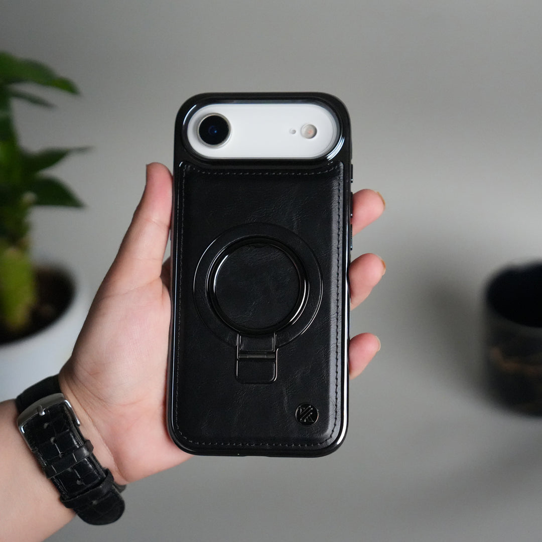 iPhone 17 PU Leather Chrome Side Case With Ring Metal Stand