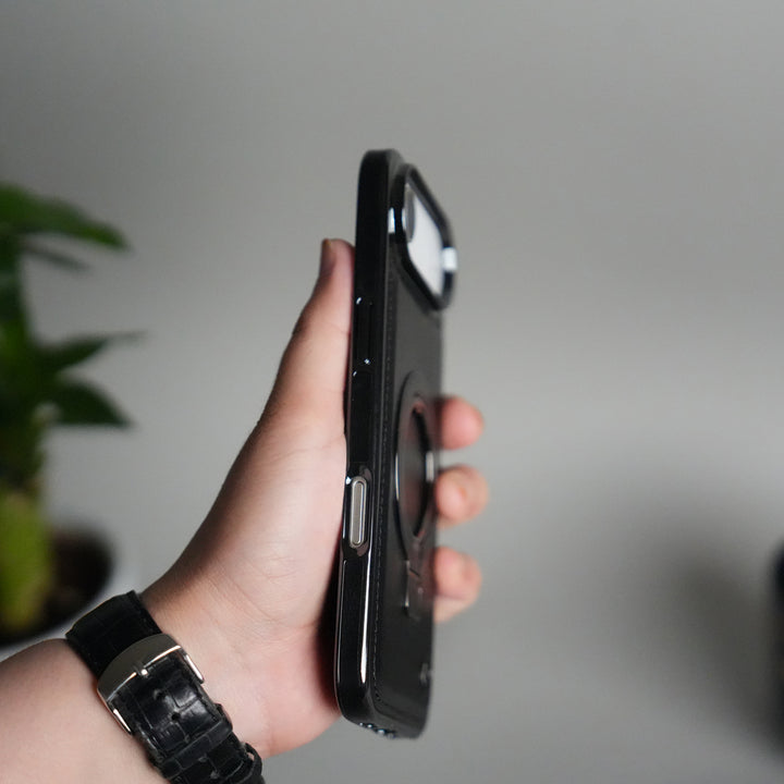 iPhone 17 PU Leather Chrome Side Case With Ring Metal Stand