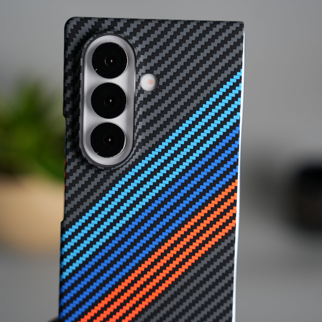 Galaxy Z Fold 7 Carbon Fiber Texture Design Hard Pc MagSafe Case Cover (Blue Orange Line)