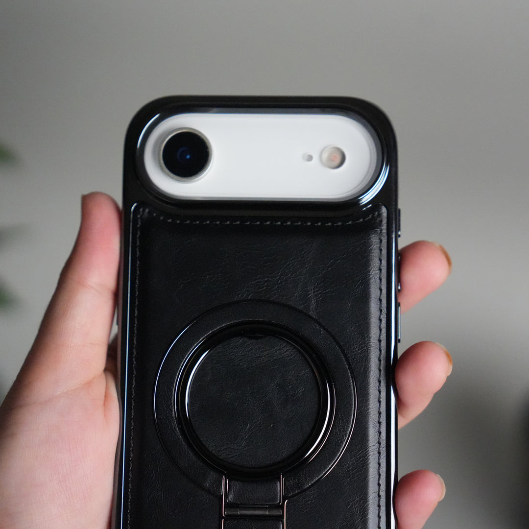 iPhone 17 PU Leather Chrome Side Case With Ring Metal Stand