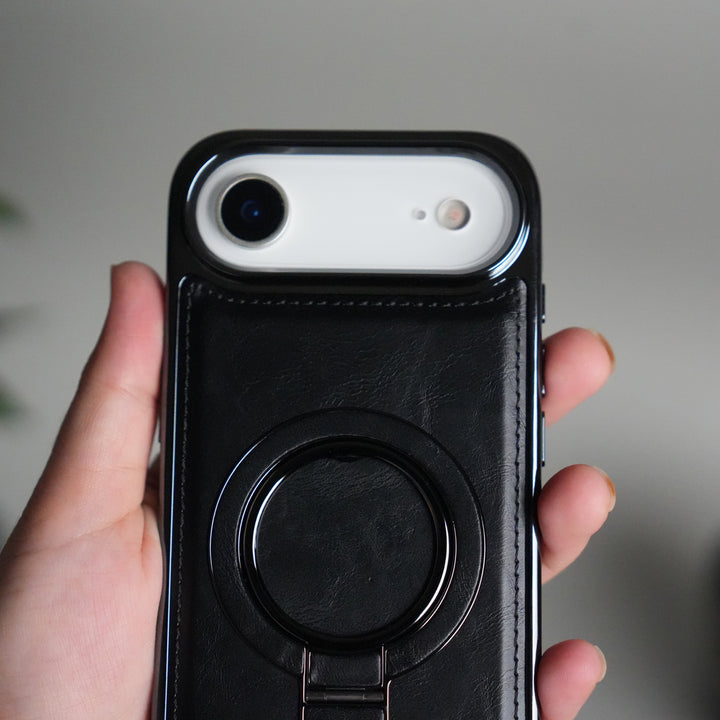 iPhone 17 PU Leather Chrome Side Case With Ring Metal Stand