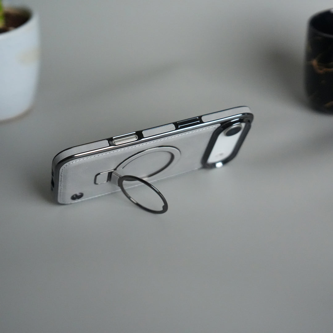 iPhone 17 PU Leather Chrome Side Case With Ring Metal Stand