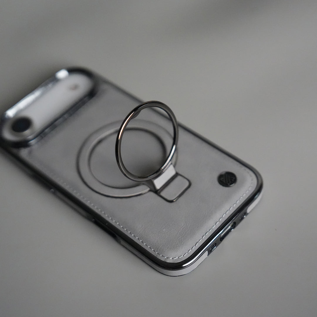 iPhone 17 PU Leather Chrome Side Case With Ring Metal Stand