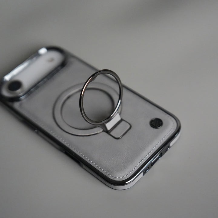iPhone 17 PU Leather Chrome Side Case With Ring Metal Stand