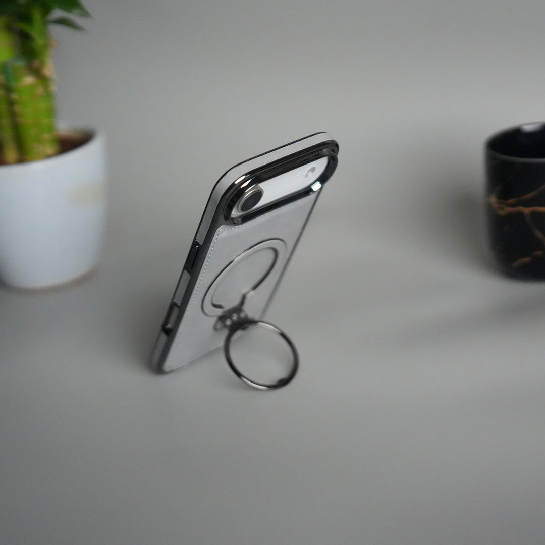 iPhone 17 PU Leather Chrome Side Case With Ring Metal Stand