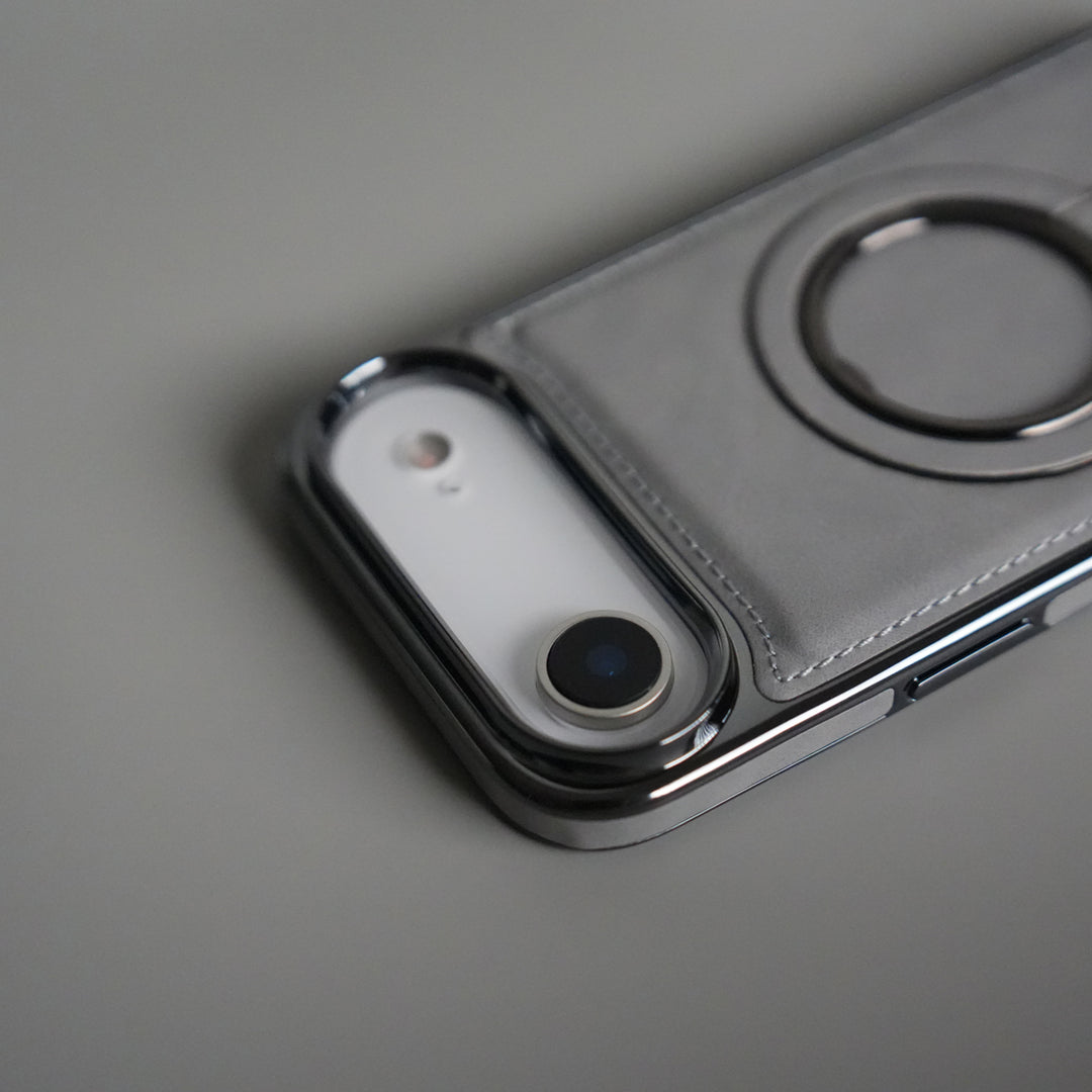 iPhone 17 PU Leather Chrome Side Case With Ring Metal Stand