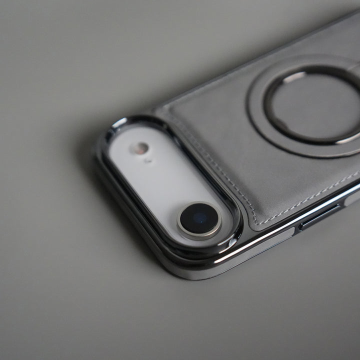 iPhone 17 PU Leather Chrome Side Case With Ring Metal Stand