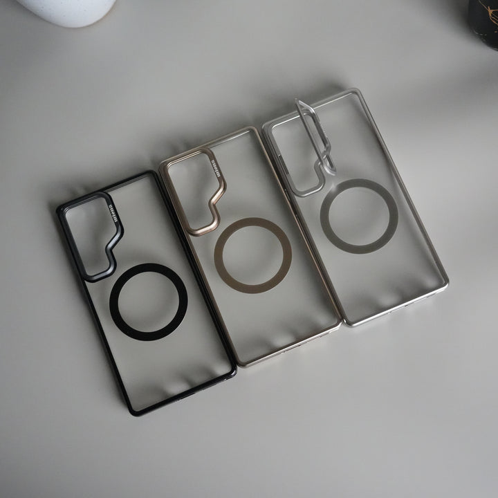 Galaxy S24 Ultra Metal Camera Kickstand Case | Clear Shockproof Cover with Magnetic Ring