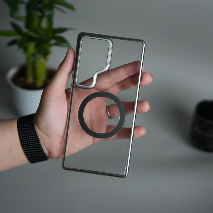 Galaxy S24 Ultra Metal Camera Kickstand Case | Clear Shockproof Cover with Magnetic Ring