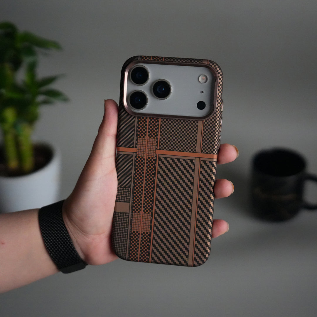 iPhone 17 Pro Max Carbon Fiber Texture Design Hard Pc MagSafe Case Cover (Orange Mix)