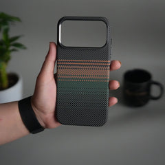 iPhone 17 Pro Carbon Fiber Texture Design Hard Pc MagSafe Case Cover (Orange Green)