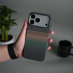 iPhone 17 Pro Carbon Fiber Texture Design Hard Pc MagSafe Case Cover (Orange Green)