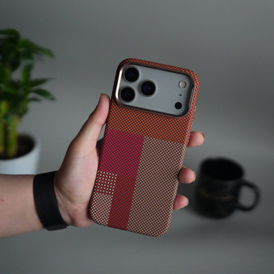 iPhone 17 Pro Carbon Fiber Texture Design Hard Pc MagSafe Case Cover (Red Beige)