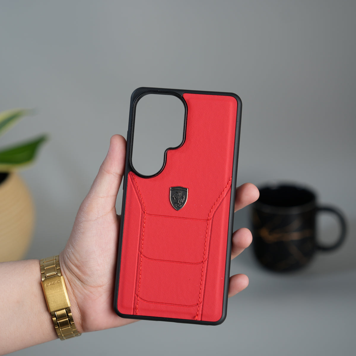 Galaxy S26 Ultra FR Stitched PU Leather Case Cover (Red)
