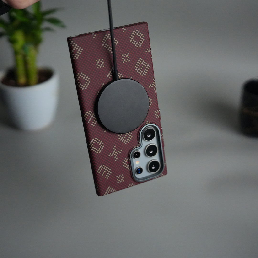 Galaxy S24 Ultra Aramid Fiber Case | Slim Magnetic Charging Ring Cover | Maroon
