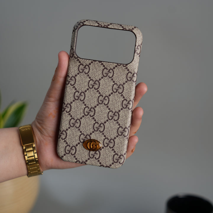 iPhone 17 Series Luxury GG Pattern Leather Case | Premium Hard Back Cover