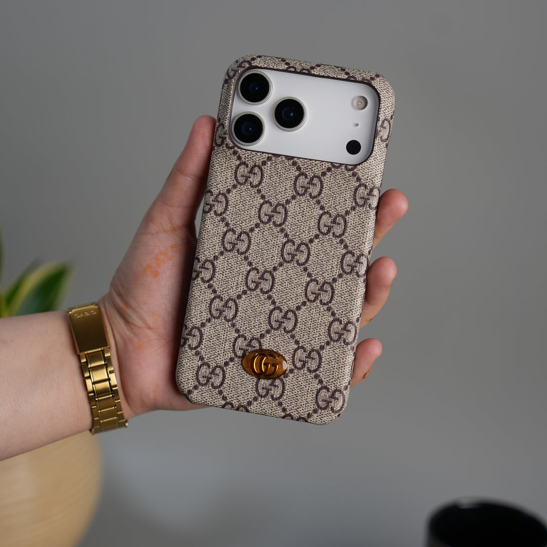 iPhone 17 Series Luxury GG Pattern Leather Case | Premium Hard Back Cover