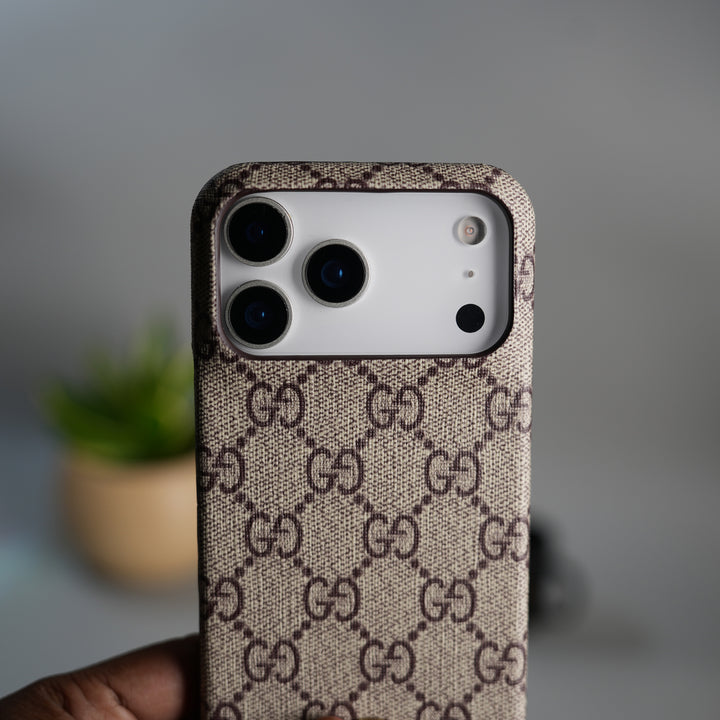 iPhone 17 Series Luxury GG Pattern Leather Case | Premium Hard Back Cover